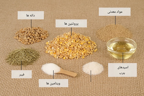 ترکیب مواد اولیه خوراک دام شامل غلات، کنجاله‌ها، پودر ماهی و افزودنی‌های معدنی برای تغذیه بهینه دام