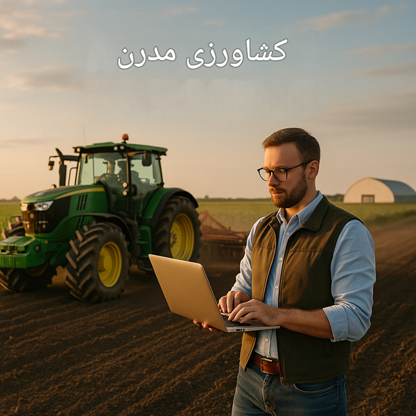 کشاورز مدرن با لپ‌تاپ در دست کنار تراکتور سبز در مزرعه کشاورزی در حال بررسی داده‌ها، در غروب آفتاب