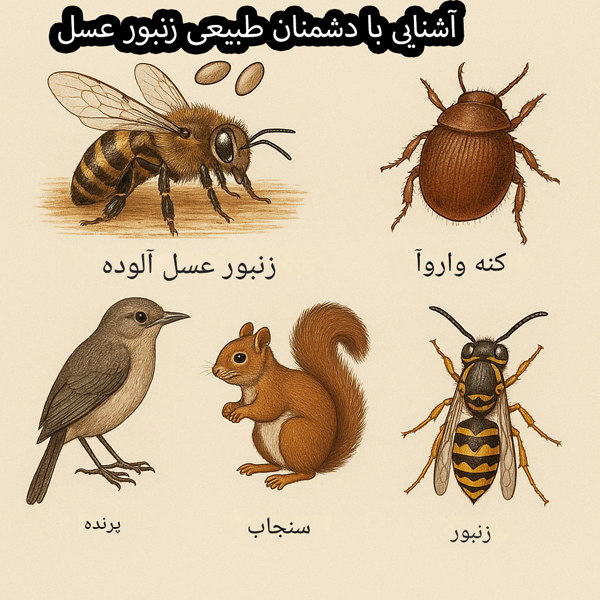تصویر آموزشی شامل شش دشمن طبیعی زنبور عسل: زنبور آلوده، کنه واروآ، پرنده شکارچی، سنجاب، وسپ شکارچی و سوسک زنبور عسل — بهصورت علمی و واقعگرایانه روی زمینهای بژ و ساده نمایش داده شدهاند.