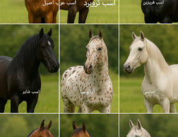 نمایی از انواع نژادهای اسب شامل اسب عربی، ترکمن، کرد، خزر، آندالوسین، تروبرد و فریزین.