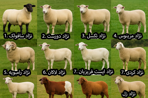 تصویر ده نژاد گوسفند شامل: سافولک، دورست، تکسل، مرینوس، رامبویه، لاکان، ایست فریزیان، زل، افشاری و کردی که روی زمین چمنی ایستاده‌اند و زیر هرکدام نام نژادشان به انگلیسی نوشته شده است. نژادها شامل گوسفندان گوشتی، شیری، پشمی و بومی ایرانی هستند.
