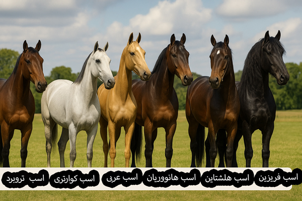 برترین نژادهای اسب برای مسابقات سوارکاری شامل اسبهای تروبرد، کوارتر هورس، عربی، آخالتکه، هانووریان، هلشتاین و فریزین در یک مزرعه سرسبز کنار هم ایستادهاند.