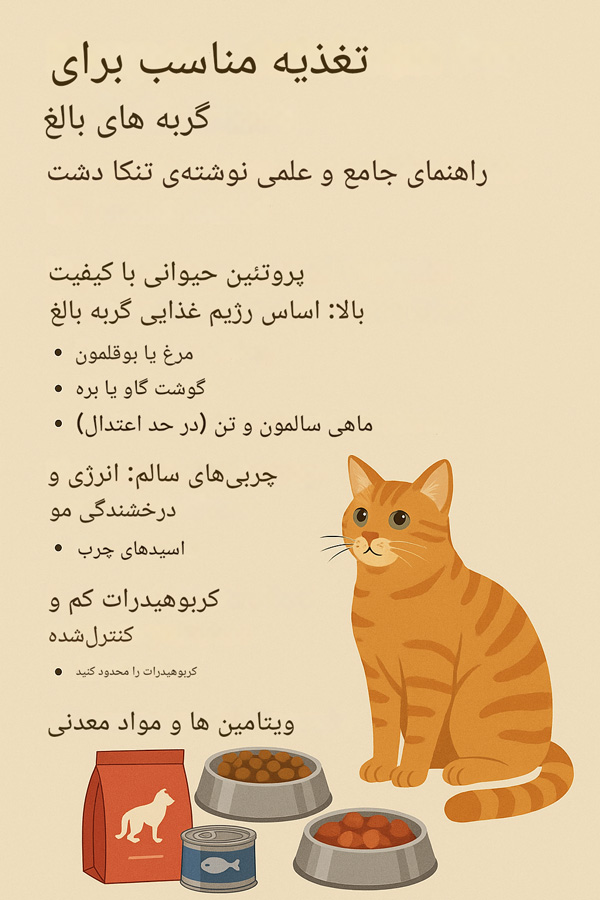 گربه بالغ در حال خوردن غذای سالم و متعادل که نیازهای تغذیه‌ای‌اش را به خوبی تامین می‌کند.