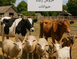 دام‌های زنده شامل گاو، گوسفند و بز در بازار فروش محلی با تابلو فروش دام زنده.
