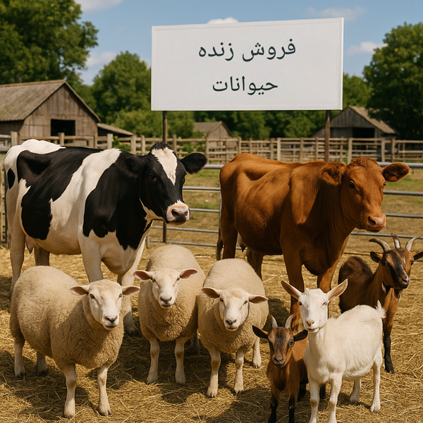 دام‌های زنده شامل گاو، گوسفند و بز در بازار فروش محلی با تابلو فروش دام زنده.