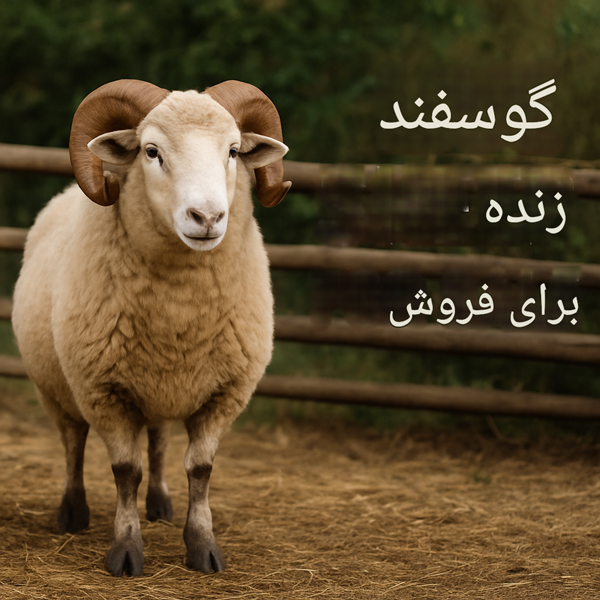 یک قوچ بالغ و قوی با پشم ضخیم و شاخ‌های بزرگ پیچ‌خورده در مزرعه‌ای ایستاده است. در کنار تصویر، عبارت «فروش گوسفند زنده» به زبان فارسی نوشته شده است.