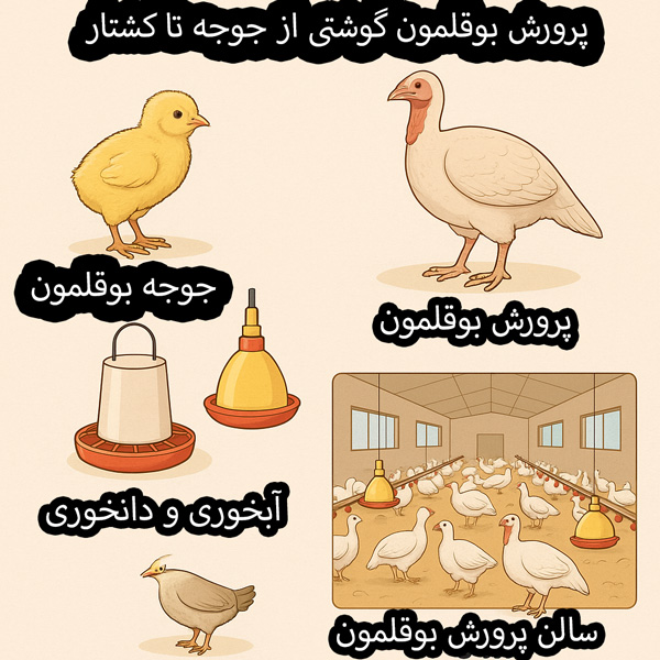 پرورش بوقلمون گوشتی از جوجه تا کشتار شامل جوجه بوقلمون، بوقلمون بالغ، تجهیزات خوراک‌دهی و سالن پرورش طیور.