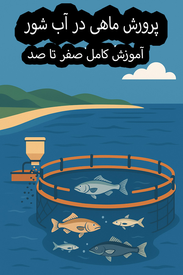 پرورش ماهی در آب شور با استفاده از قفس‌های دریایی در نزدیکی سواحل، همراه با تجهیزات هوادهی و استخرهای مخصوص.