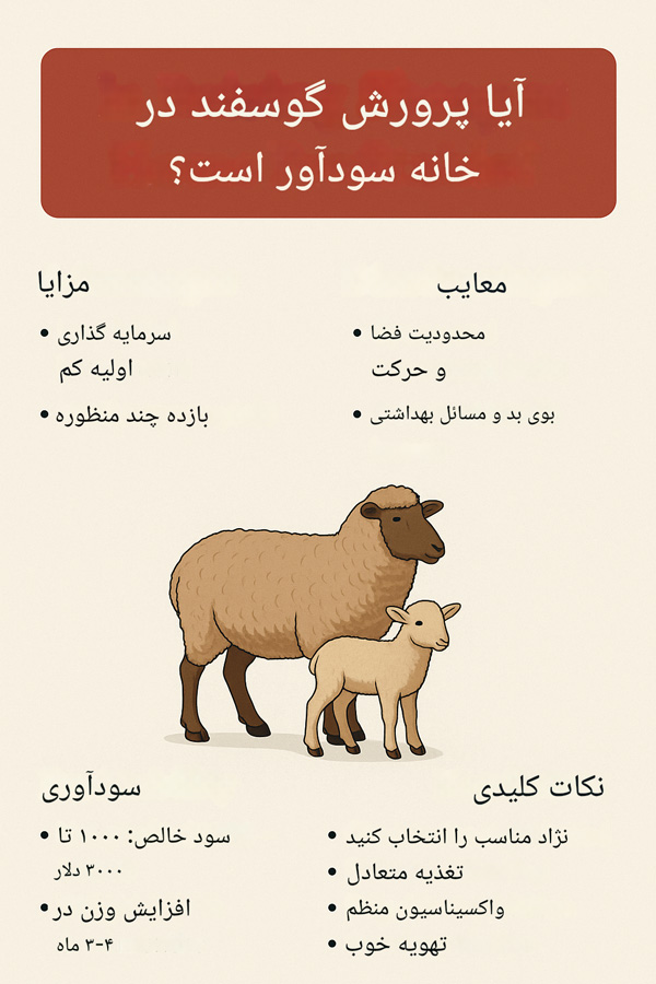 اینفوگرافیک فارسی درباره سودآوری پرورش گوسفند در خانه، شامل بررسی مزایا، معایب، هزینهها، سود تقریبی و نکات مهم برای دامپروری خانگی.