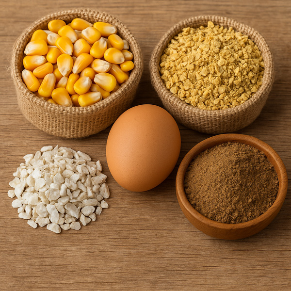 بهترین خوراک برای مرغ تخم‌گذار با مواد اولیه باکیفیت مانند ذرت، کنجاله سویا و پوسته صدف.