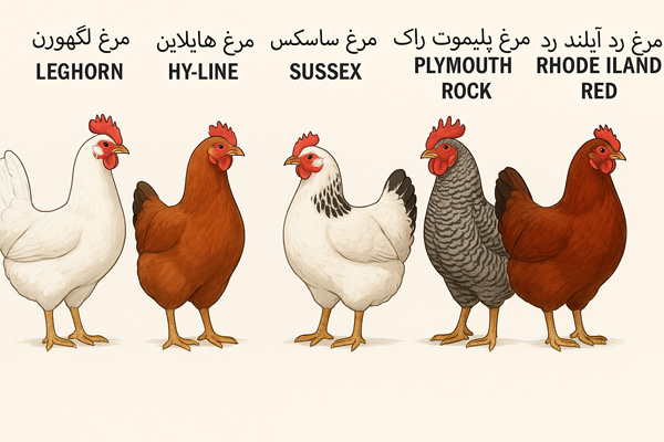 عکس ۵ نژاد بهترین مرغ تخم‌گذار شامل مرغ لگهورن، مرغ رودآیلند رد، مرغ راهمان، مرغ ساسکس و مرغ پلی‌موث راک با پس‌زمینه سفید.
