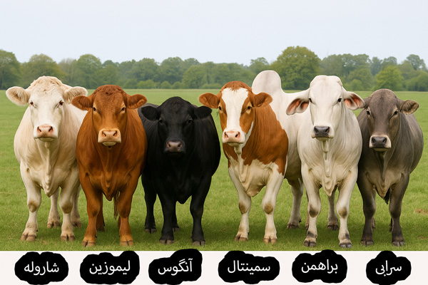 آشنایی با بهترین نژادهای گاو گوشتی شامل شاروله، لیموزین، آنگوس، سمینتال، براهمن و سرابی برای انتخاب هوشمندانه در دامداریهای گوشتی.