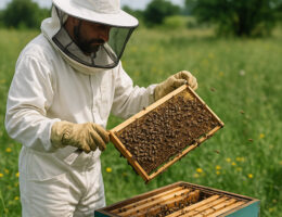 زنبوردار مجهز به لباس ایمنی در حال بازدید از قاب‌های کندوی زنبور عسل در فضای باز.