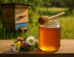 عکس ظرف شیشه‌ای عسل طبیعی کوهستان به همراه گل‌های وحشی و کندوی زنبور عسل، نماد خلوص و کیفیت بالای عسل طبیعی.