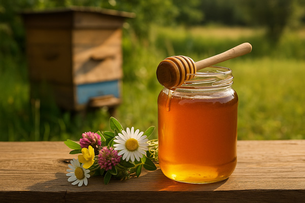عکس ظرف شیشه‌ای عسل طبیعی کوهستان به همراه گل‌های وحشی و کندوی زنبور عسل، نماد خلوص و کیفیت بالای عسل طبیعی.