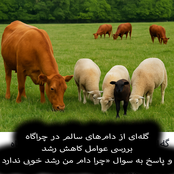 دامهای سالم در چراگاه با تغذیه مناسب و شرایط محیطی مطلوب، نشاندهنده راهکارهای افزایش رشد و سلامت دام برای حل مشکل «چرا دام من رشد خوبی ندارد