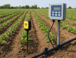 آبیاری هوشمند در کشاورزی با استفاده از سنسور رطوبت خاک و کنترلر اتوماتیک برای مدیریت دقیق مصرف آب.