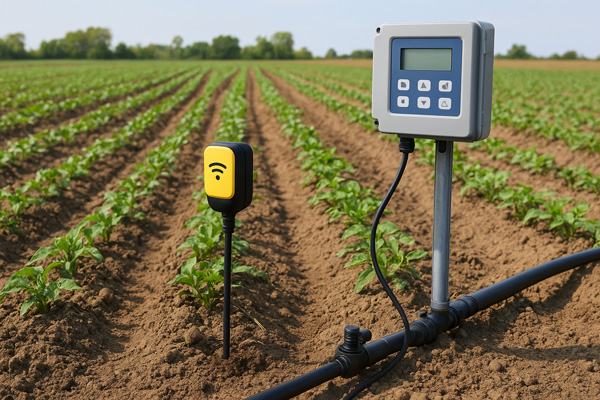 آبیاری هوشمند در کشاورزی با استفاده از سنسور رطوبت خاک و کنترلر اتوماتیک برای مدیریت دقیق مصرف آب.