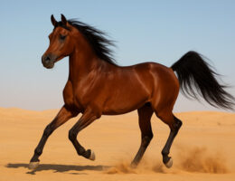اسب عرب اصیل با بدن قدرتمند، گردن قوس‌دار و دم بالاگرفته، در فضای باز بیابان، نماد هوش و استقامت نژاد عرب.