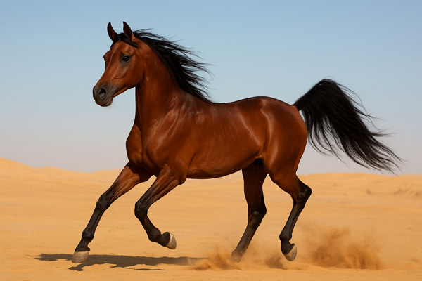 اسب عرب اصیل با بدن قدرتمند، گردن قوسدار و دم بالاگرفته، در فضای باز بیابان، نماد هوش و استقامت نژاد عرب.