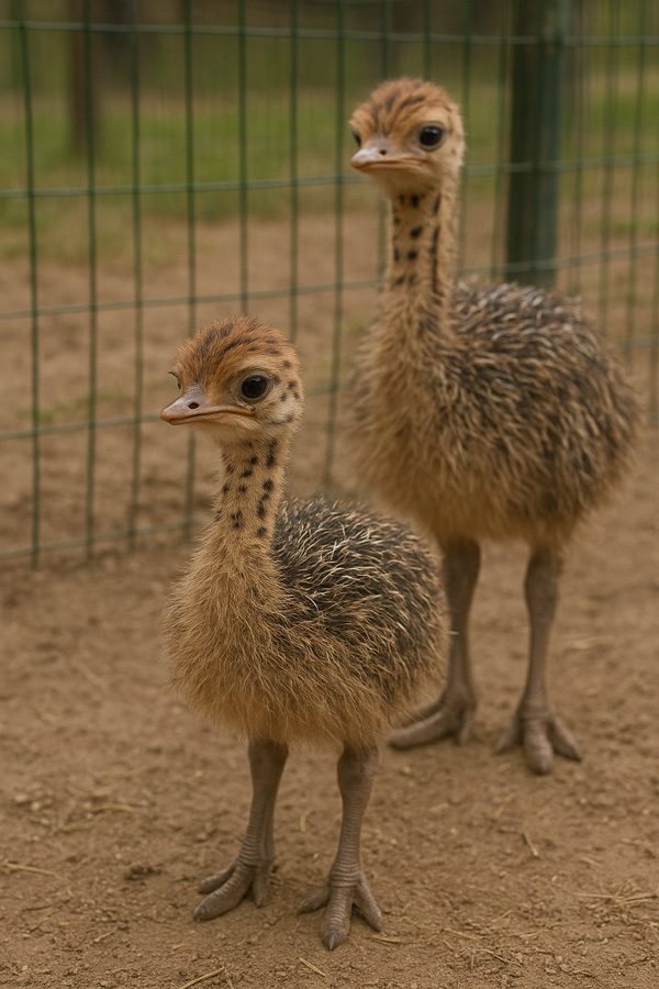 جوجه شترمرغ یک روزه و دو ماهه در مرکز پرورش، مناسب برای خرید و سرمایه‌گذاری.