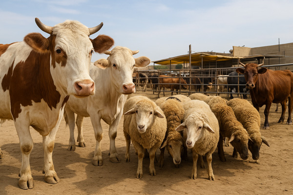 دام‌ های سالم و آماده کشتار در بازار دام ایران شامل گاو، گوساله، گوسفند و بز (قیمت دام کشتاری).