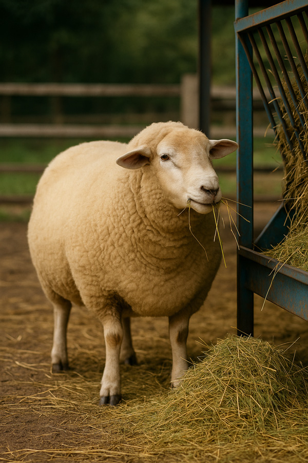 گوسفند پرواری سالم در حال تغذیه با خوراک غنی از پروتئین برای افزایش وزن و پرواربندی موفق.