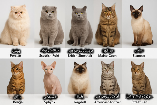 معرفی مجموعهای از محبوبترین نژادهای گربه شامل پرشین، اسکاتیش فولد، بریتیش شورتهیر، مین کون، سیامی، بنگال، اسفینکس، رگدال، آمریکن شورتهیر و گربههای موکوتاه ایرانی.
