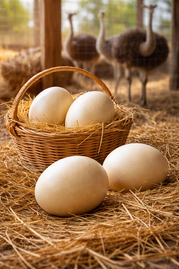 تخم شترمرغ تازه و نطفه‌دار مناسب جوجه‌کشی و مصرف خوراکی.